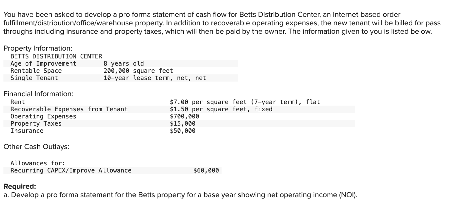  You have been asked to develop a pro forma statement of