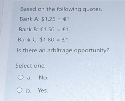  20. Based on the following quotes, Bank A: $1.25=1 Bank B: