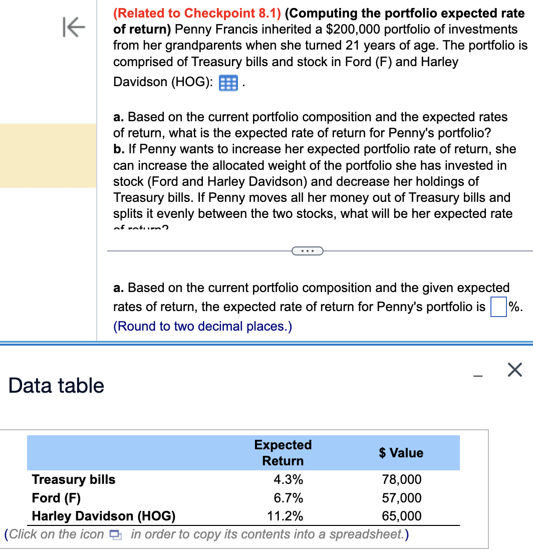  (Related to Checkpoint 8.1)(Computing the portfolio expected rate of return) Penny