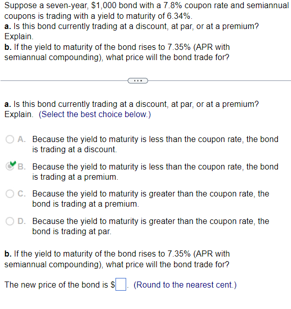  Suppose a seven-year, \(\$ 1,000\) bond with a \(7.8\%\) coupon rate