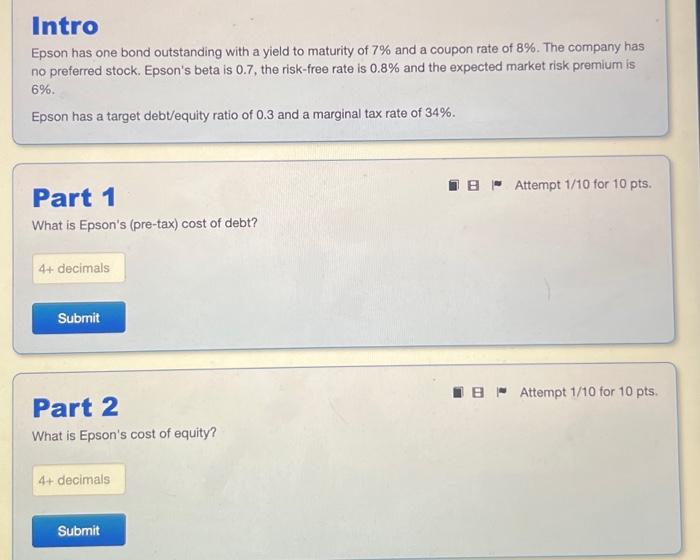  Intro Epson has one bond outstanding with a yield to maturity