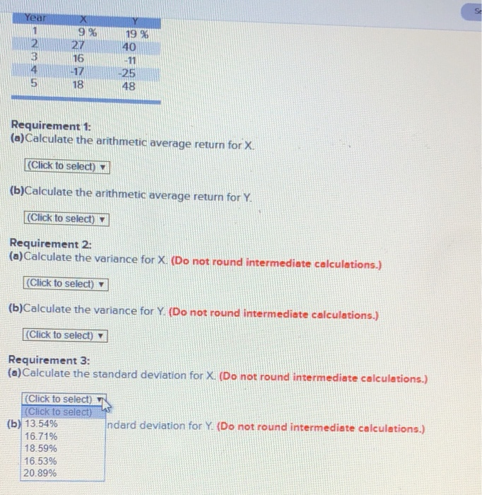 select) to s (b) 11.98% hmetic average return for Y 10.60% 12.93%