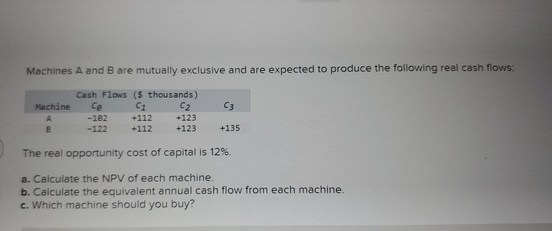 Machines A and B are mutually exclusive and are expected to