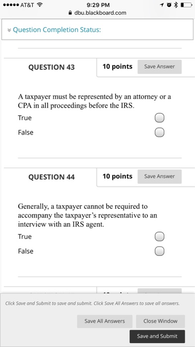  I need help please 9:29 PM dbu.blackboard.com AT&T Question Completion Status: