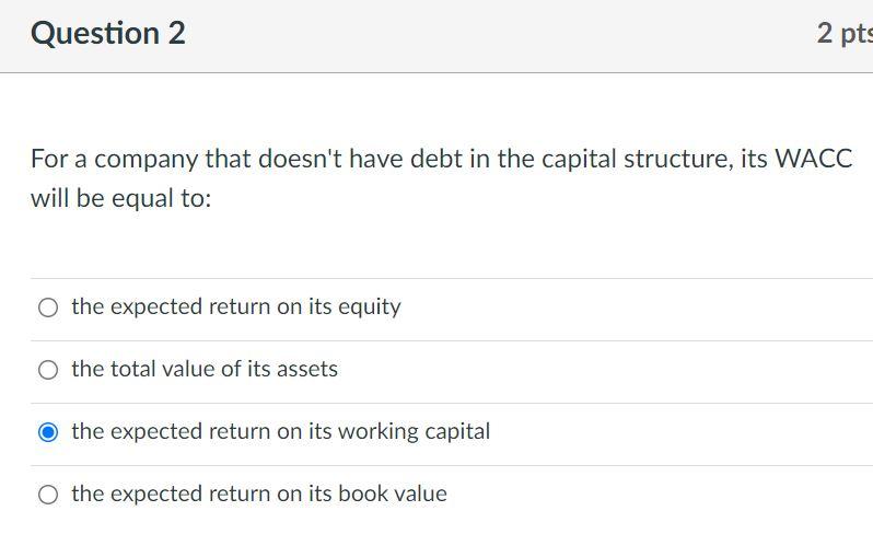 Question 2 2 pts For a company that doesn't have debt