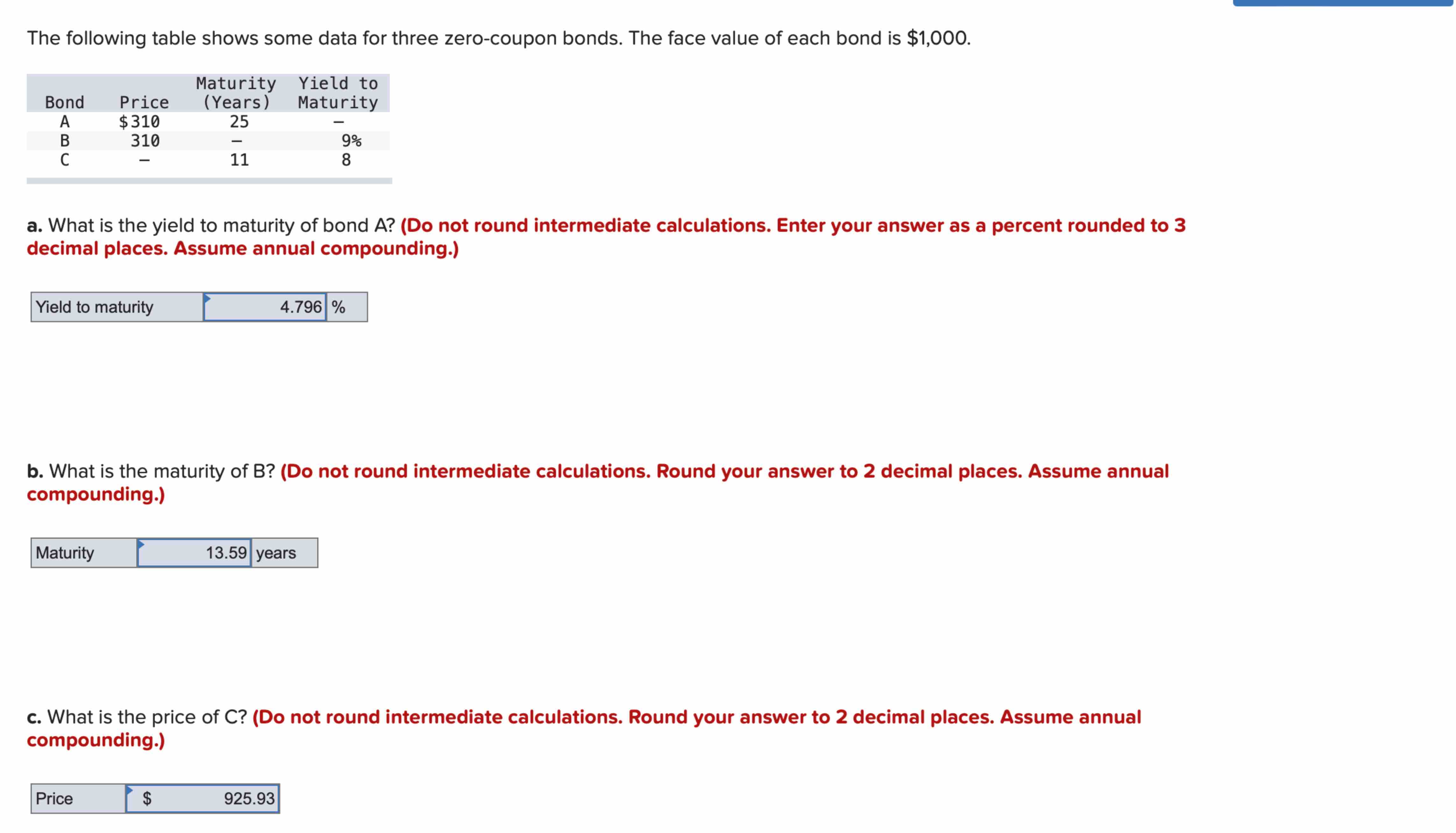  The following table shows some data for three zero-coupon bonds. The