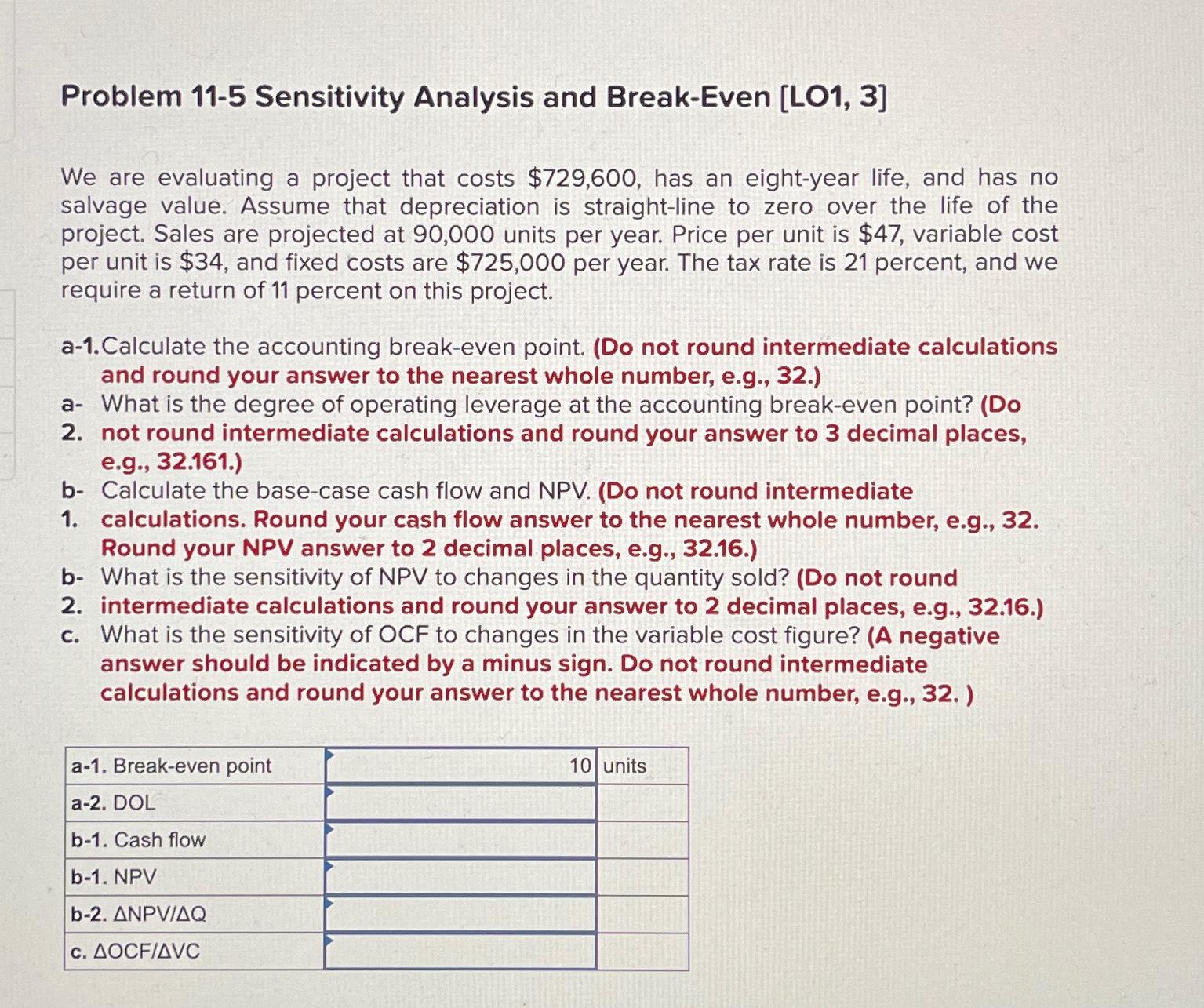  Problem 11-5 Sensitivity Analysis and Break-Even [LO1,3] We are evaluating a