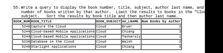 55. Write a query to display the book number , title