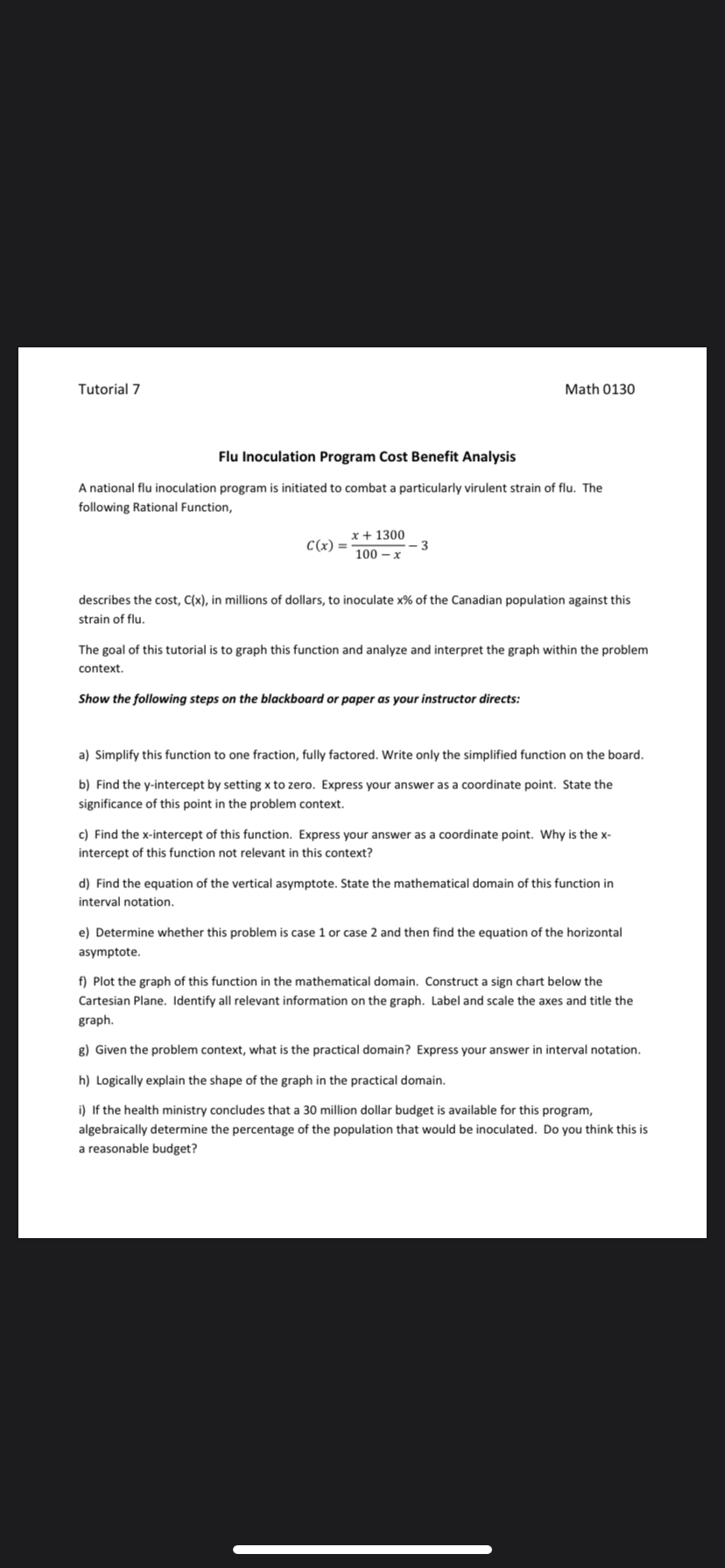  Tutorial 7 Math 0130 Flu Inoculation Program Cost Benefit Analysis A