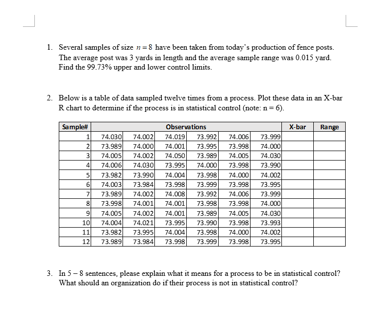Constructing and Using Process Control Charts 1. Several samples of size n