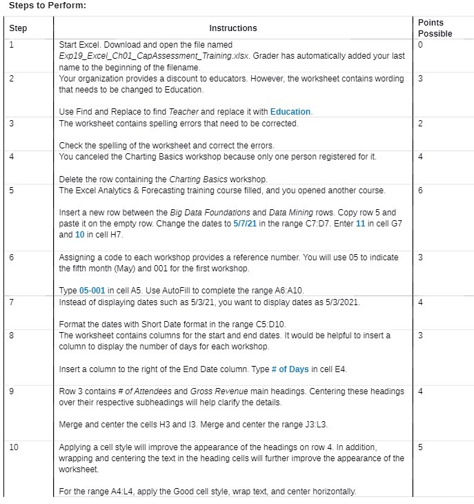 Steps to Perform: Step Instructions Points Possible 1 Start Excel. Download