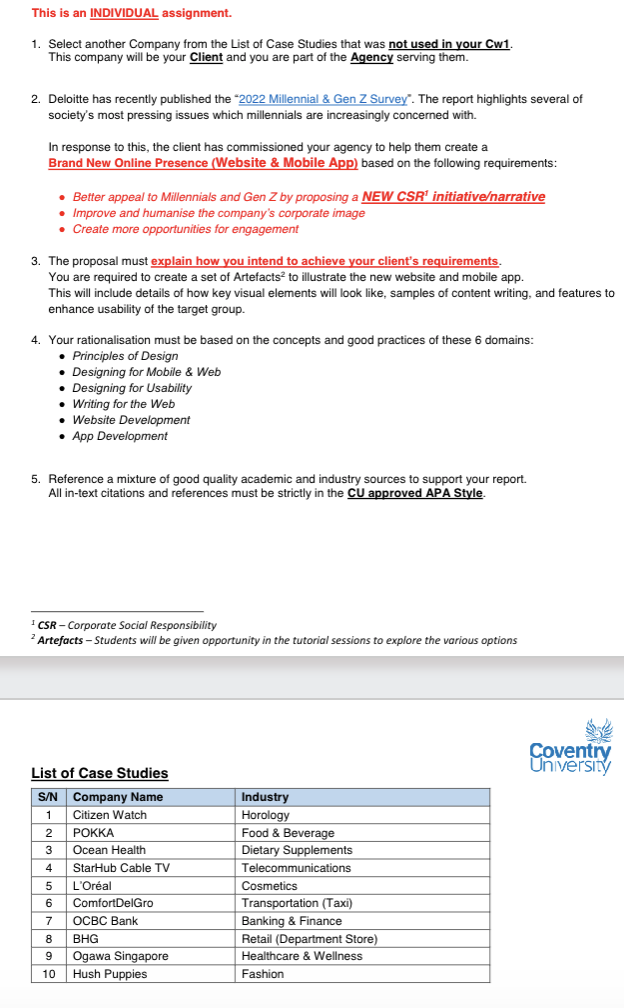 This is an INDIVIDUAL assignment. 1. Select another Company from the