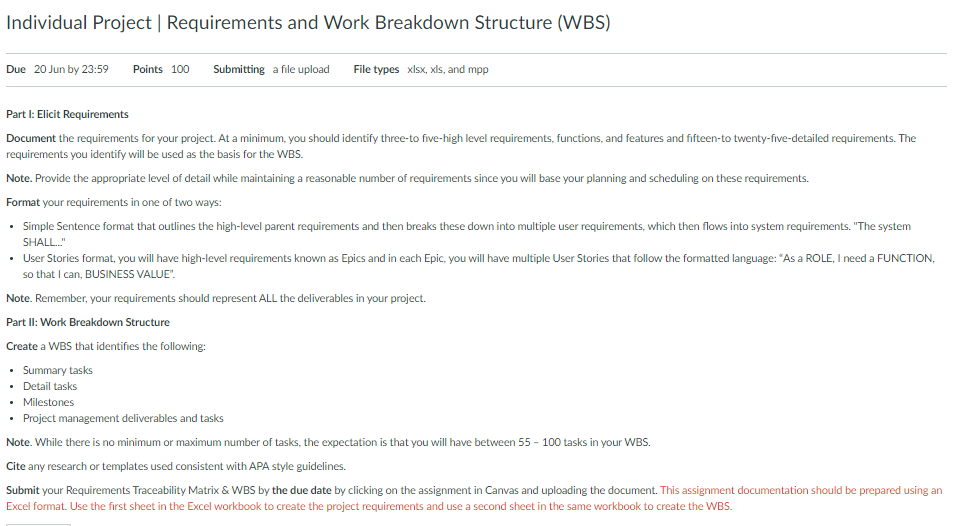  Individual Project | Requirements and Work Breakdown Structure (WBS) Due 20