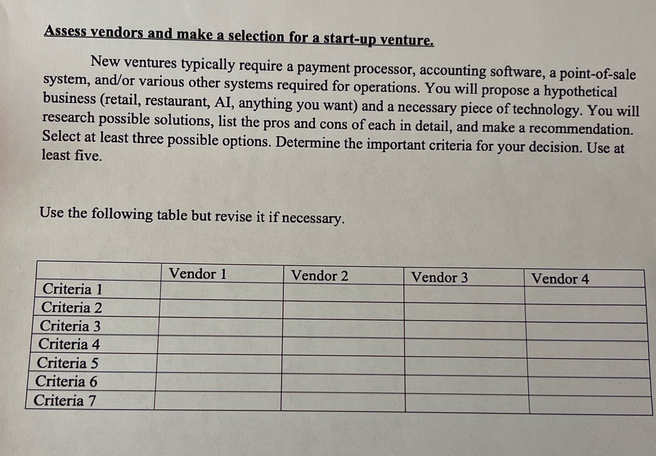 Please help Assess vendors and make a selection for a start-up venture.