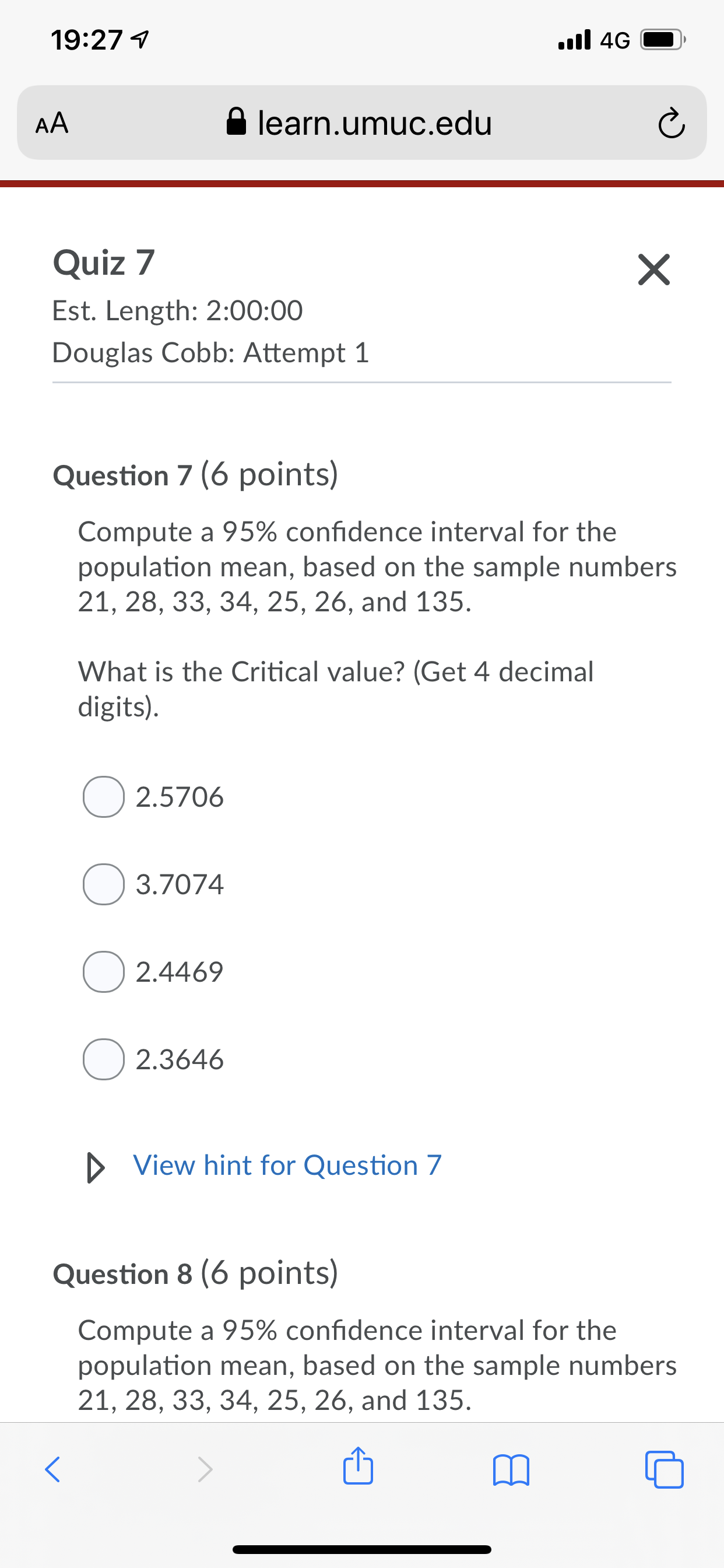 Please help answer question7 19:27 4 .all 4G AA learn.umuc.edu C Quiz