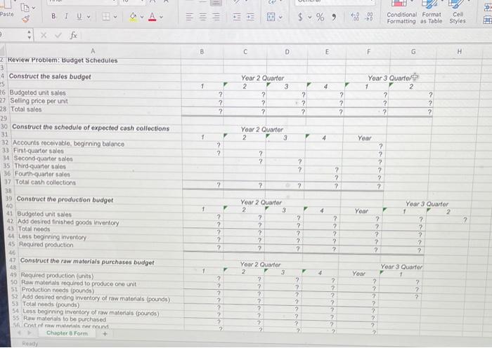 enter formulas in all cells that contain question marks, For example, in