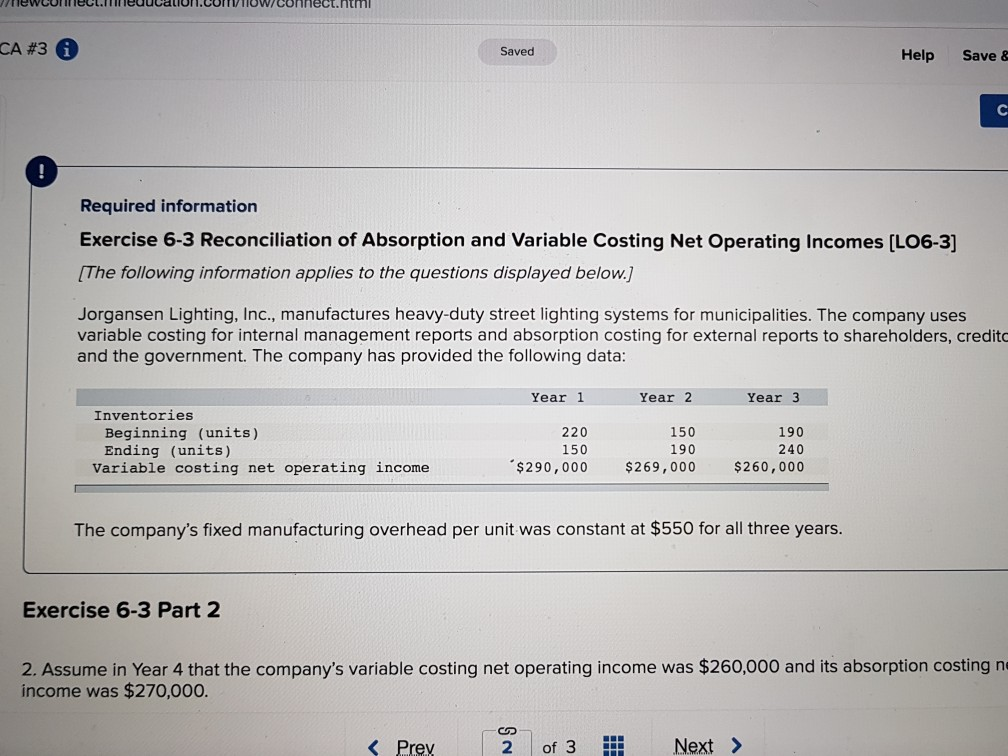  CA #3 Saved Help Save & Required information Exercise 6-3 Reconciliation