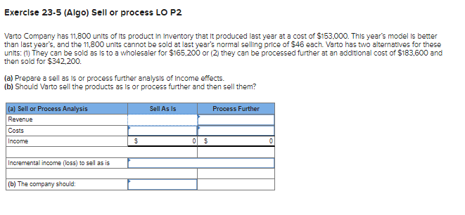  Exerclse 23.5(Algo) Sell or process LO P2 Varto Company has 11,800