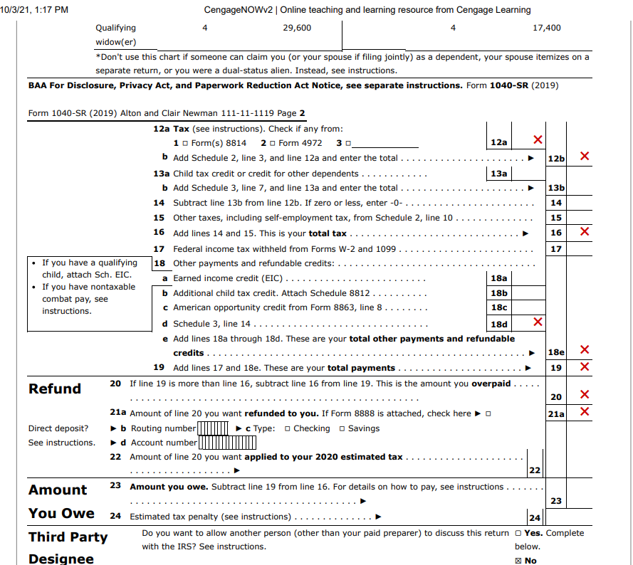 is for the 2019 tax year. Alton Newman, age 67, is married
