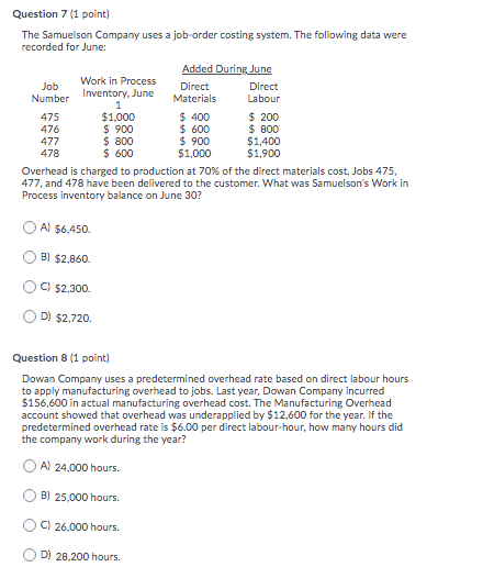 Question 7 (1 point) The Samuelson Company uses a job-order costing