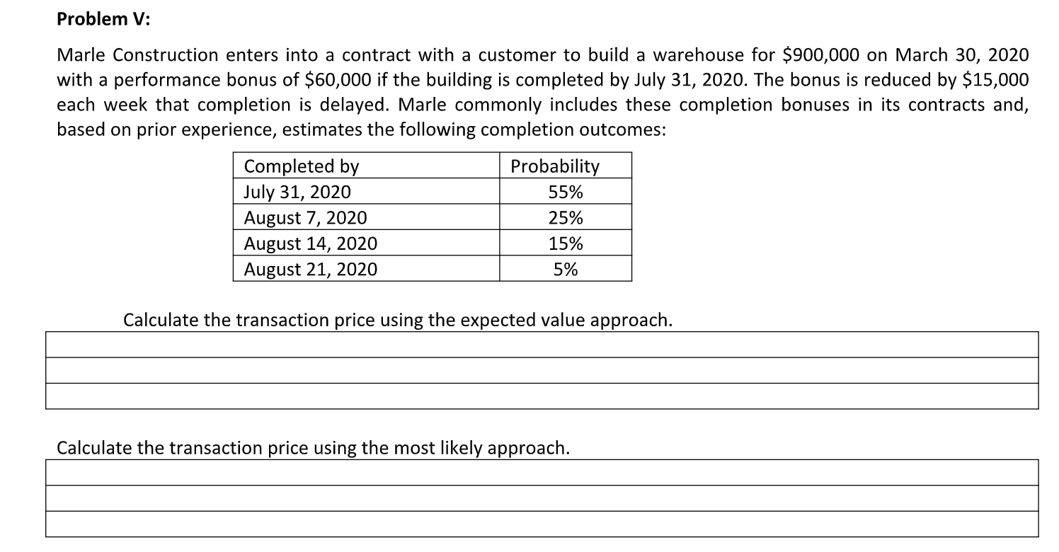 Problem V: Marle Construction enters into a contract with a customer