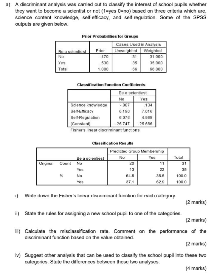 multivariate analysis a) A discriminant analysis was carried out to classify the