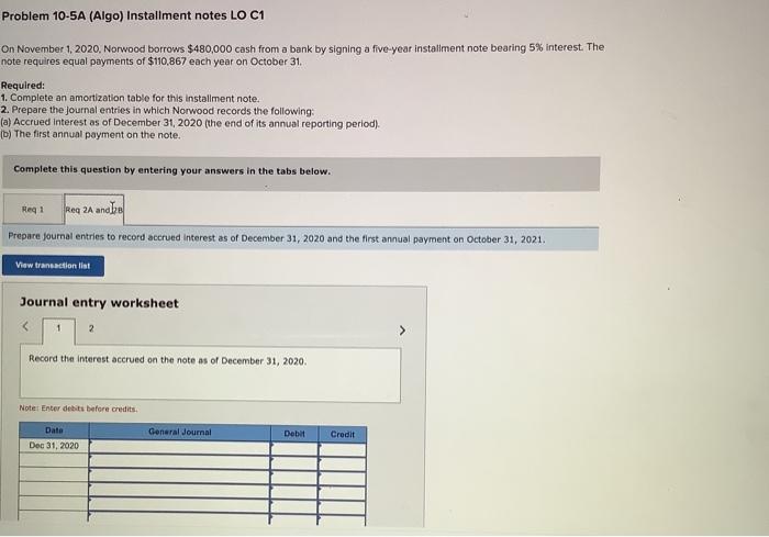 Norwood borrows $480,000 cash from a bank by signing a five-year installment