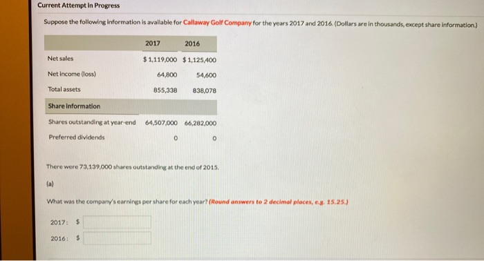  Current Attempt in Progress Suppose the following information is available for