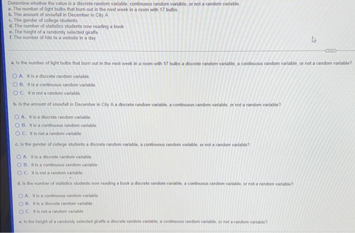  Determine whether the value is a discrete random variable, continuous random
