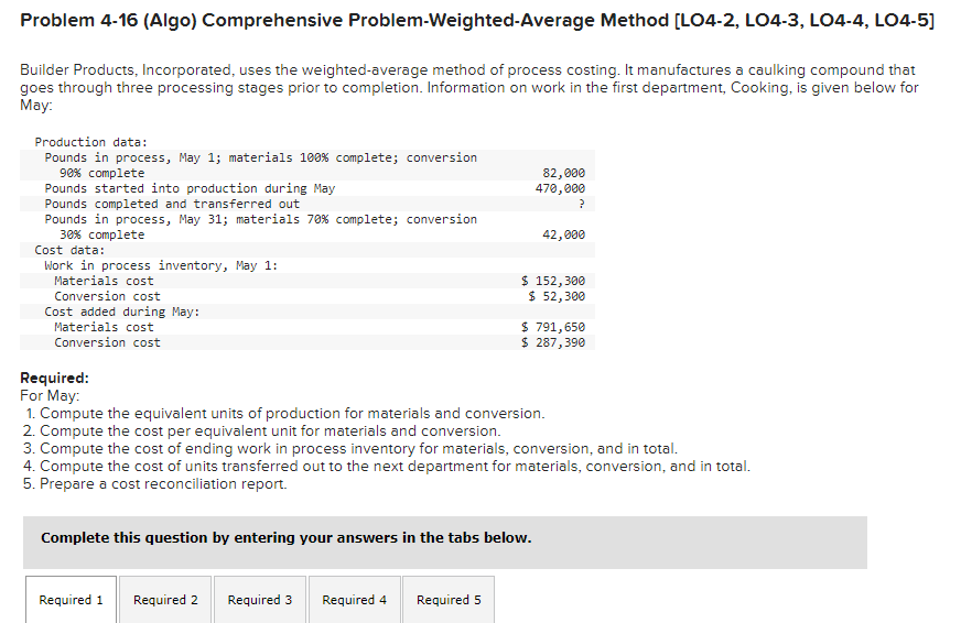  Problem 4-16 (Algo) Comprehensive Problem-Weighted-Average Method [LO4-2, LO4-3, LO4-4, LO4-5] Builder
