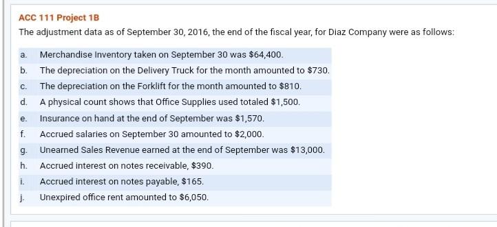  a. C. ACC 111 Project 1B The adjustment data as of