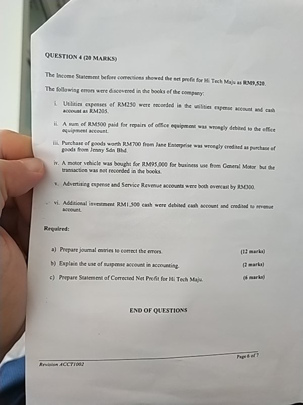 QUESTION 4 (20 MARKS) The Income Statement before corrections showed the