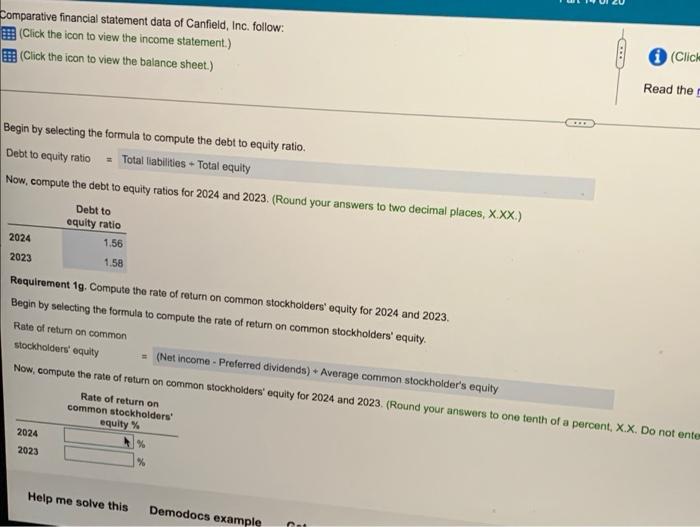  need help with requirement 1g please Comparative financial statement data of