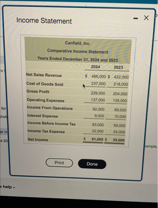 Canfield, Inc. follow: (Click the icon to view the income statement.) (Click