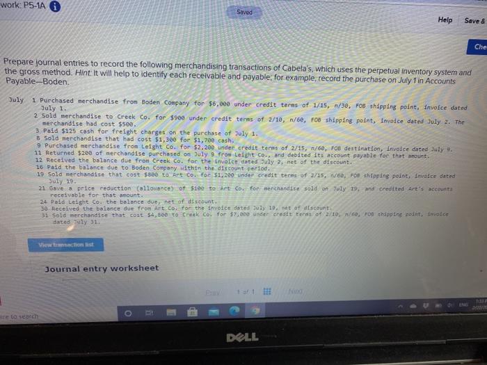  work: P5-1A 0 Saved Help Save & Che Prepare journal entries