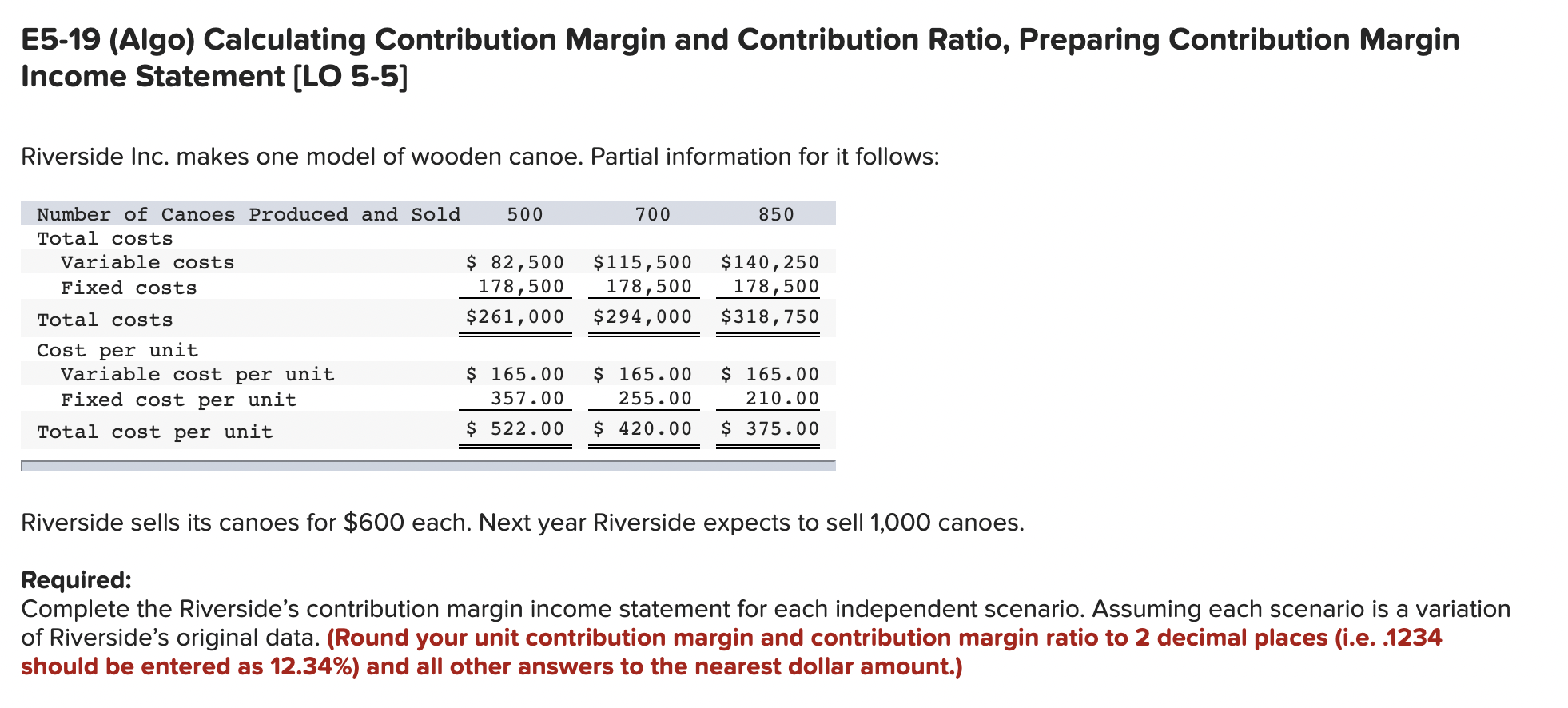  E5-19 (Algo) Calculating Contribution Margin and Contribution Ratio, Preparing Contribution Margin