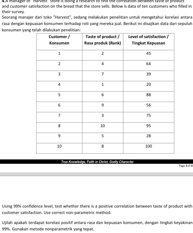 Using 99% confidence level, test whether there is a positive correlation