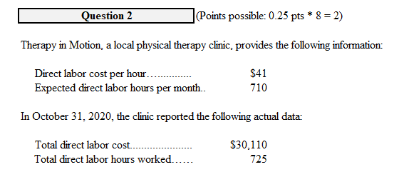 Question 2 Points possible: 0.25 pts *8 = 2) Therapy in