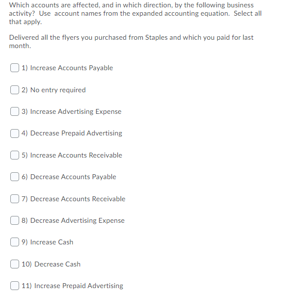 the expanded accounting equation. Select all that apply. Purchased a business licence