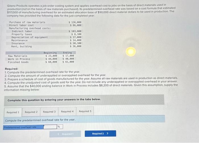 pls help Gitano Products operates a job-order costing system and applies overhead