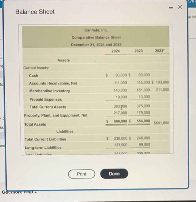 Canfield, Inc. follow: (Click the icon to view the income statement.) Re