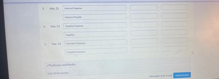 and thank you. question: Prepare the adjusting entries at March 31 assuming