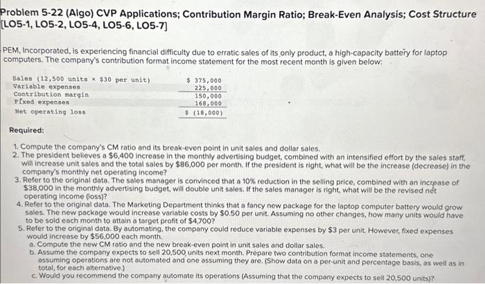 Problem 5-22 (Algo) CVP Applications; Contribution Margin Ratio; Break-Even Analysis; Cost Structure