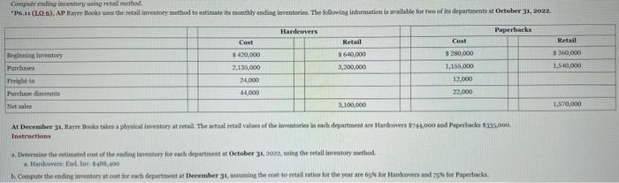  Compute ending inventory using retail method. A) Determine the estimated cost