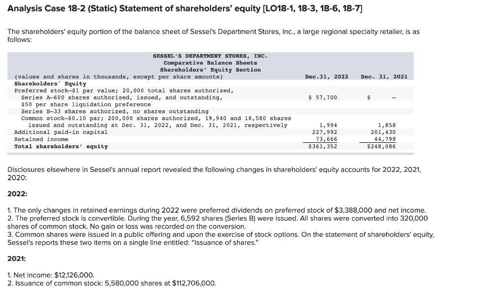  Analysis Case 182 (Static) Statement of shareholders' equity [LO18-1, 18-3, 18-6,