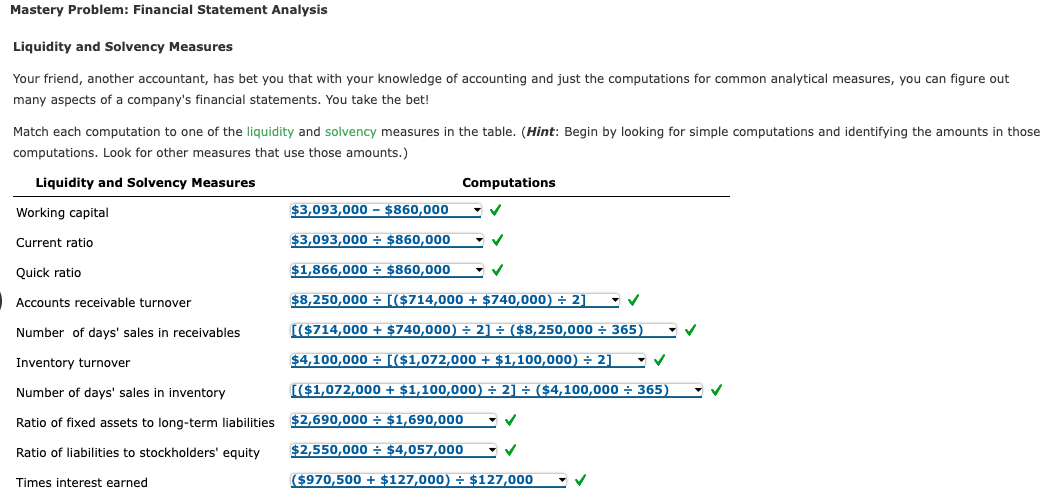 Mastery Problem: Financial Statement Analysis Liquidity and Solvency Measures Your friend,
