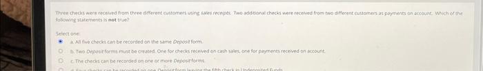 Three checks were received from three different customers using sales receipts: Two