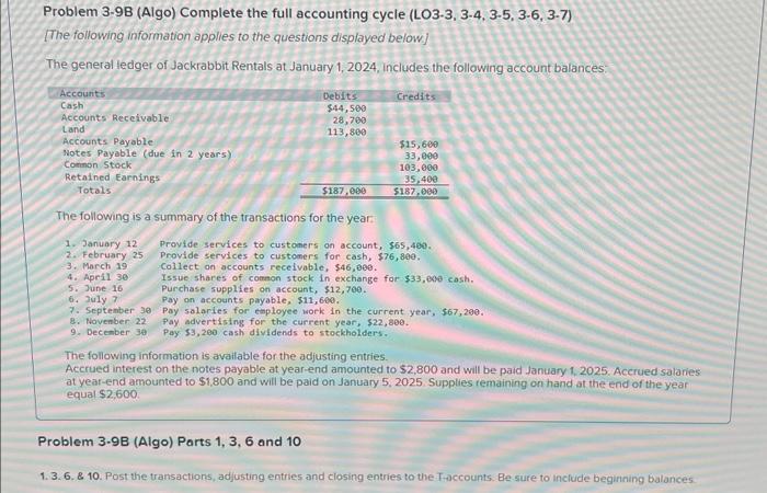 Problem 3-9B (Algo) Complete the full accounting cycle (LO3-3, 3-4, 3-5, 3-6,