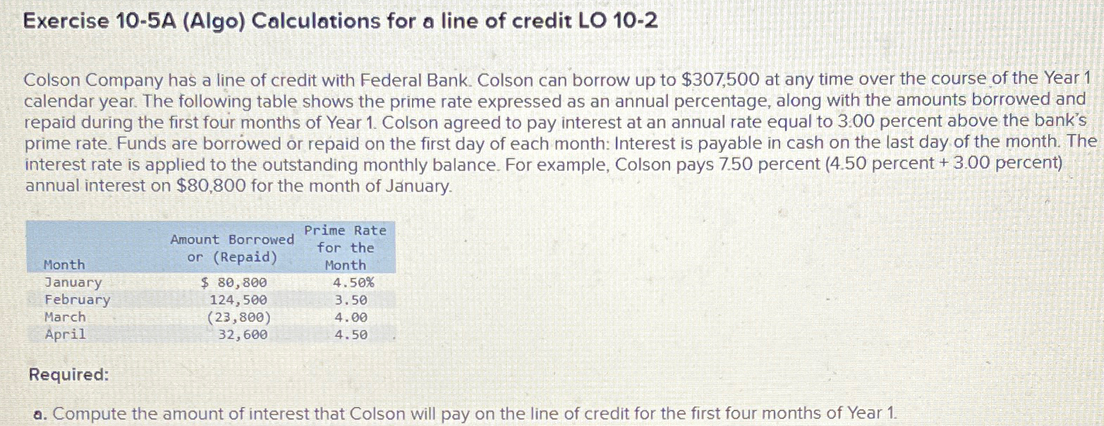  Exercise 10-5A (Algo) Calculations for a line of credit LO 10-2