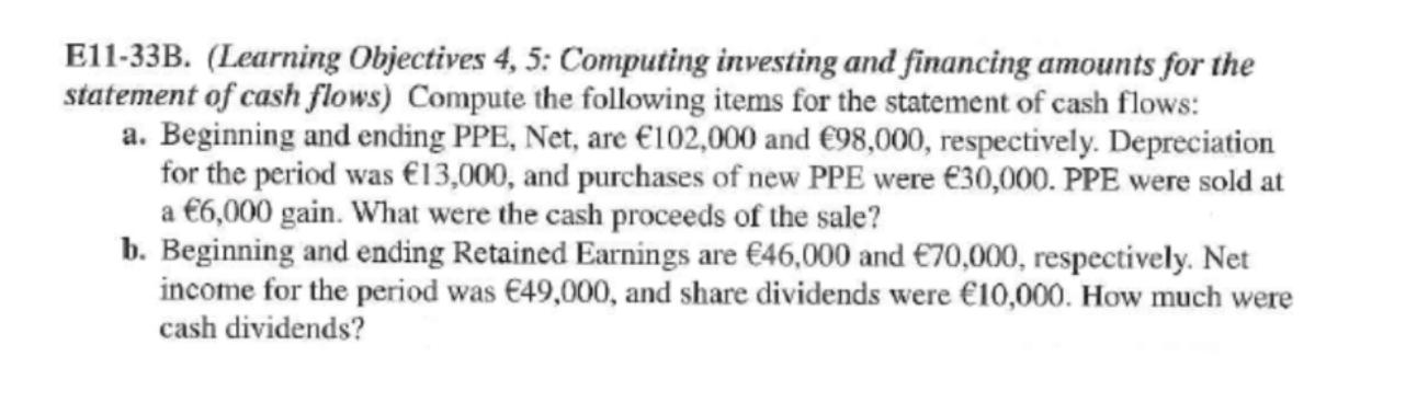 E11-33B. (Learning Objectives 4, 5: Computing investing and financing amounts for